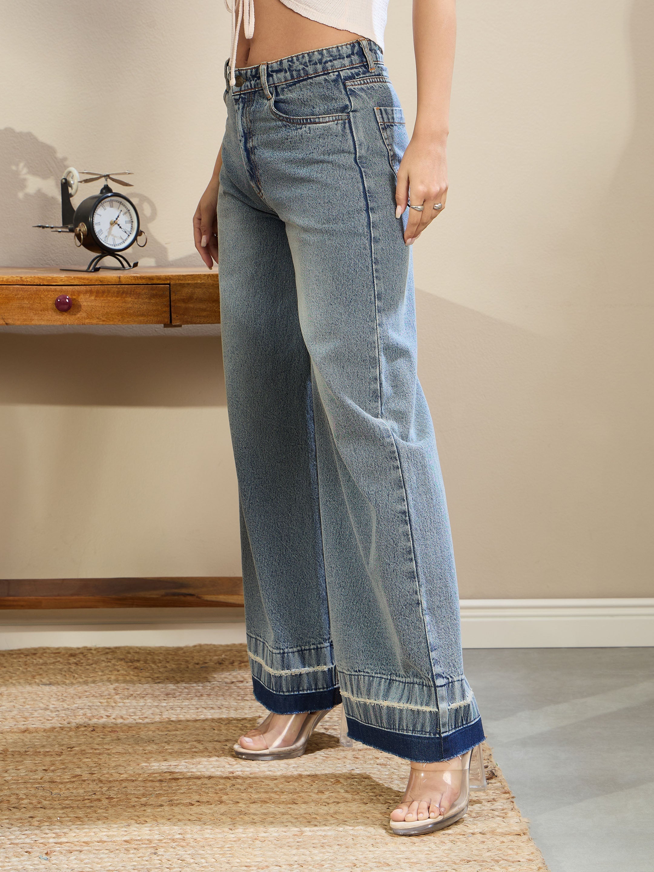 Women Blue Washed Low Waist Wide Leg Jeans-SFJEAN0713