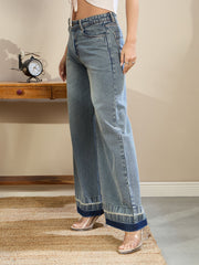 Women Blue Washed Low Waist Wide Leg Jeans-SFJEAN0713