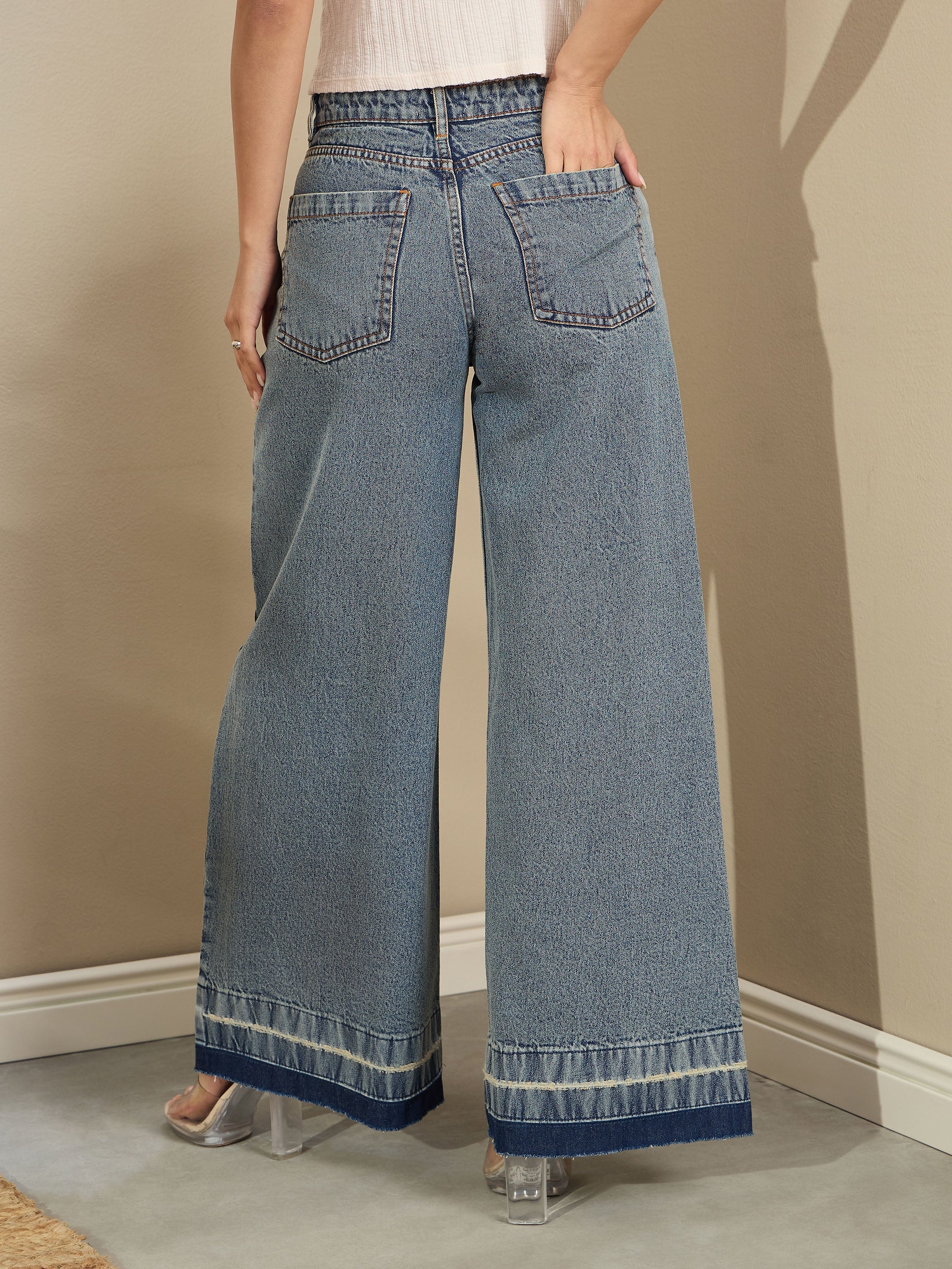 Women Blue Washed Low Waist Wide Leg Jeans-SFJEAN0713