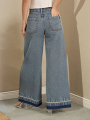Women Blue Washed Low Waist Wide Leg Jeans-SFJEAN0713