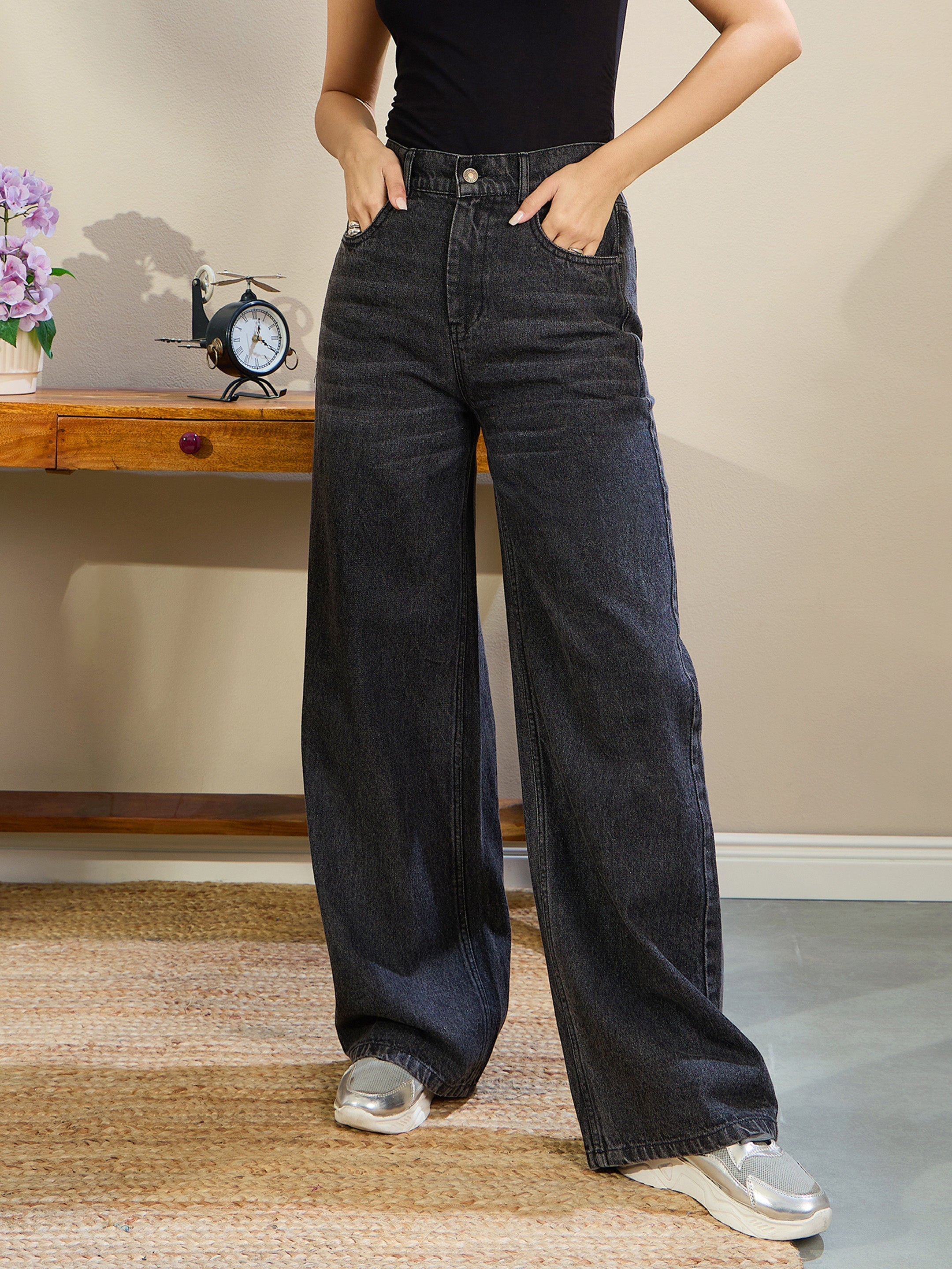 Women Black Wash High Waist Straight Fit Jeans-SFJEAN0717