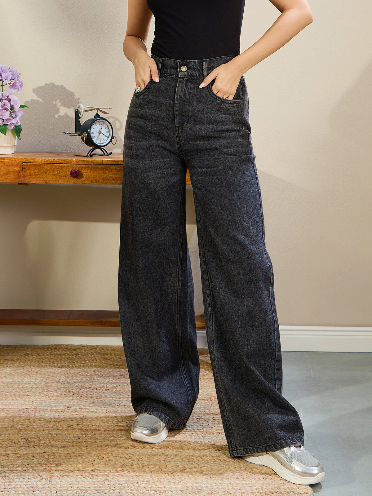 Women Black Wash High Waist Straight Fit Jeans-SFJEAN0717
