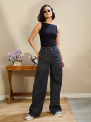 Women Black Wash High Waist Straight Fit Jeans-SFJEAN0717