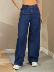 Women Navy Blue Wash High Waist Straight Fit Jeans-SFJEAN0718