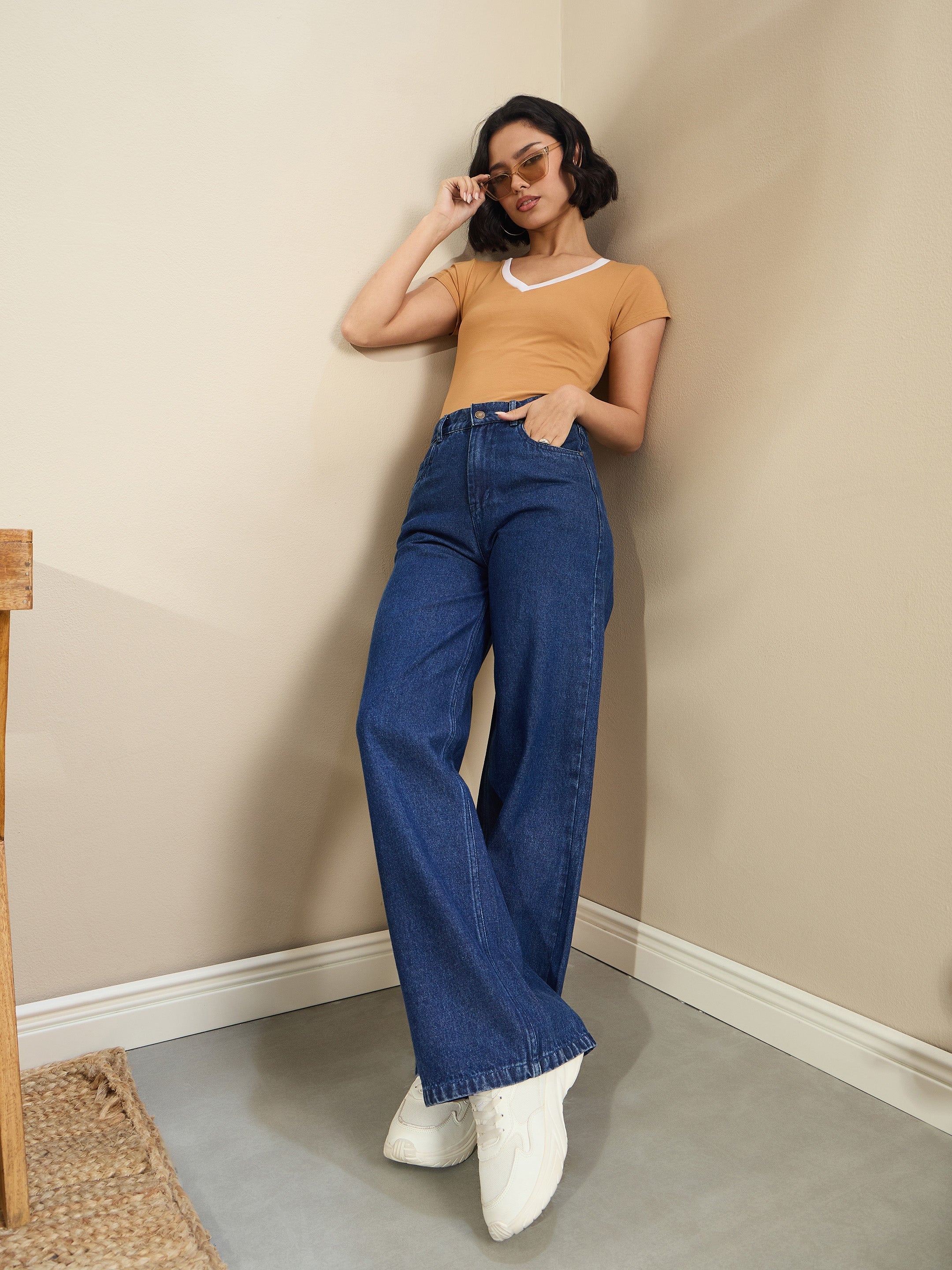 Women Navy Blue Wash High Waist Straight Fit Jeans-SFJEAN0718