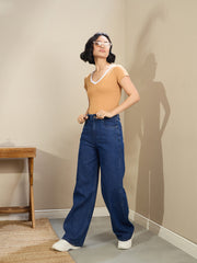 Women Navy Blue Wash High Waist Straight Fit Jeans-SFJEAN0718