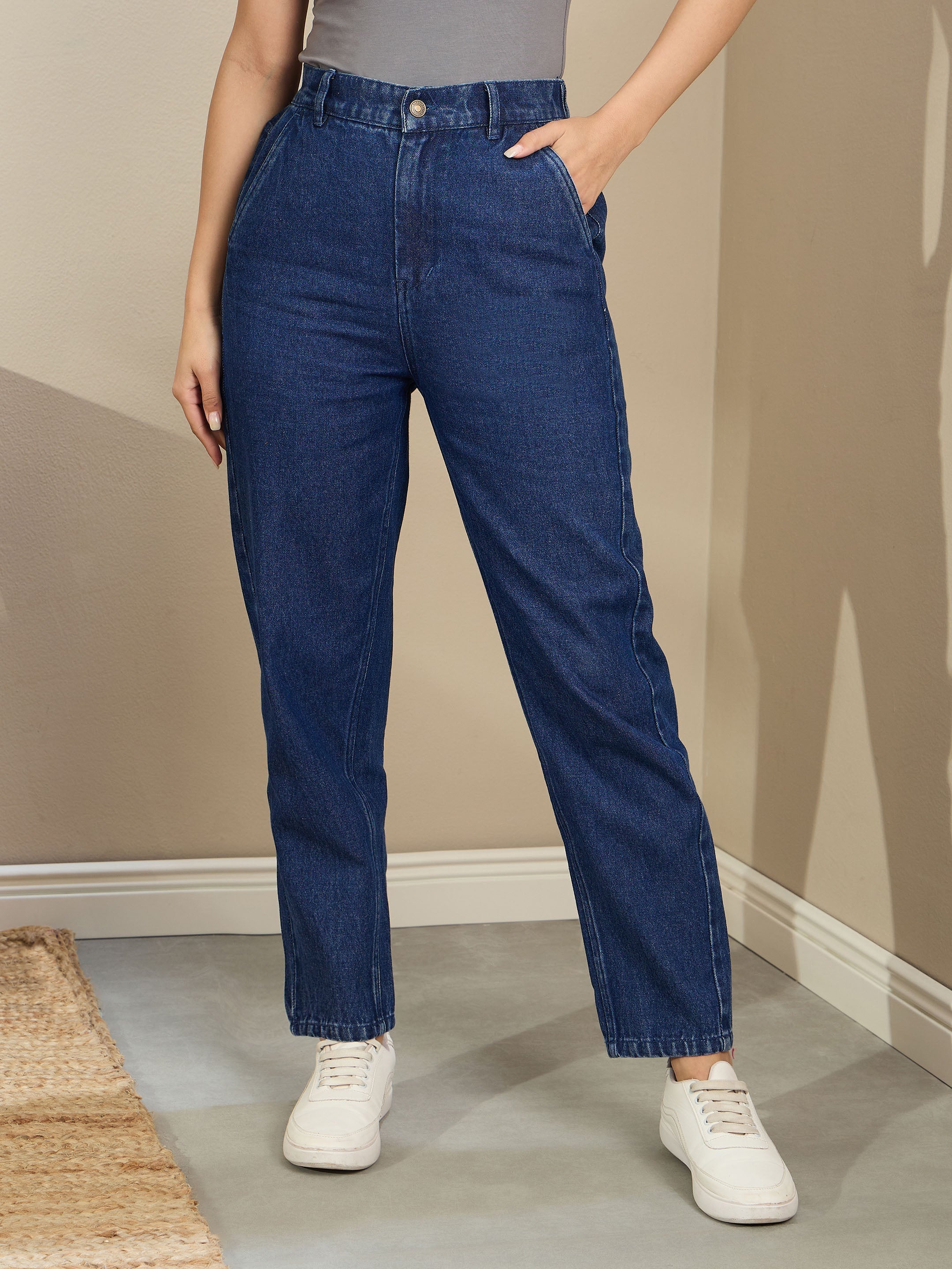 Women Navy Blue Washed Tapered Jeans-SFJEAN0720