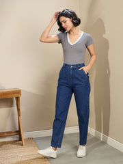 Women Navy Blue Washed Tapered Jeans-SFJEAN0720