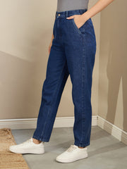Women Navy Blue Washed Tapered Jeans-SFJEAN0720