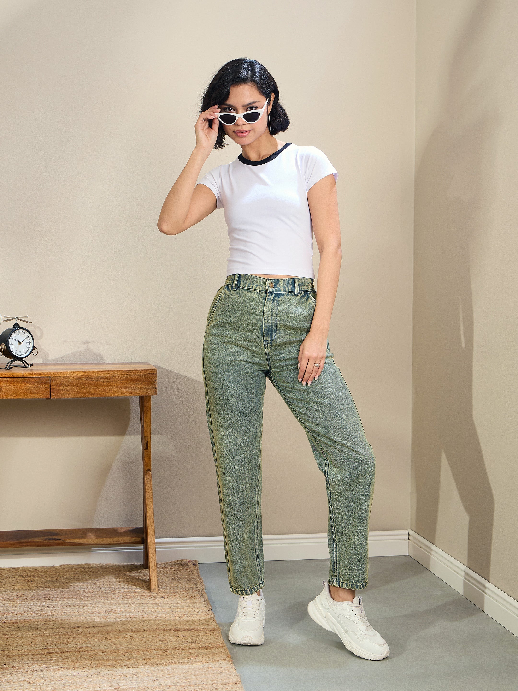 Women Green Washed Tapered Jeans-SFJEAN0721