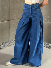 Women Blue Washed Pleated Flared Jeans-SFJEAN0767