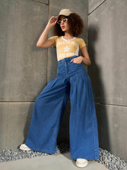 Women Blue Washed Pleated Flared Jeans-SFJEAN0767