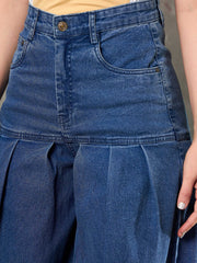 Women Blue Washed Pleated Flared Jeans-SFJEAN0767