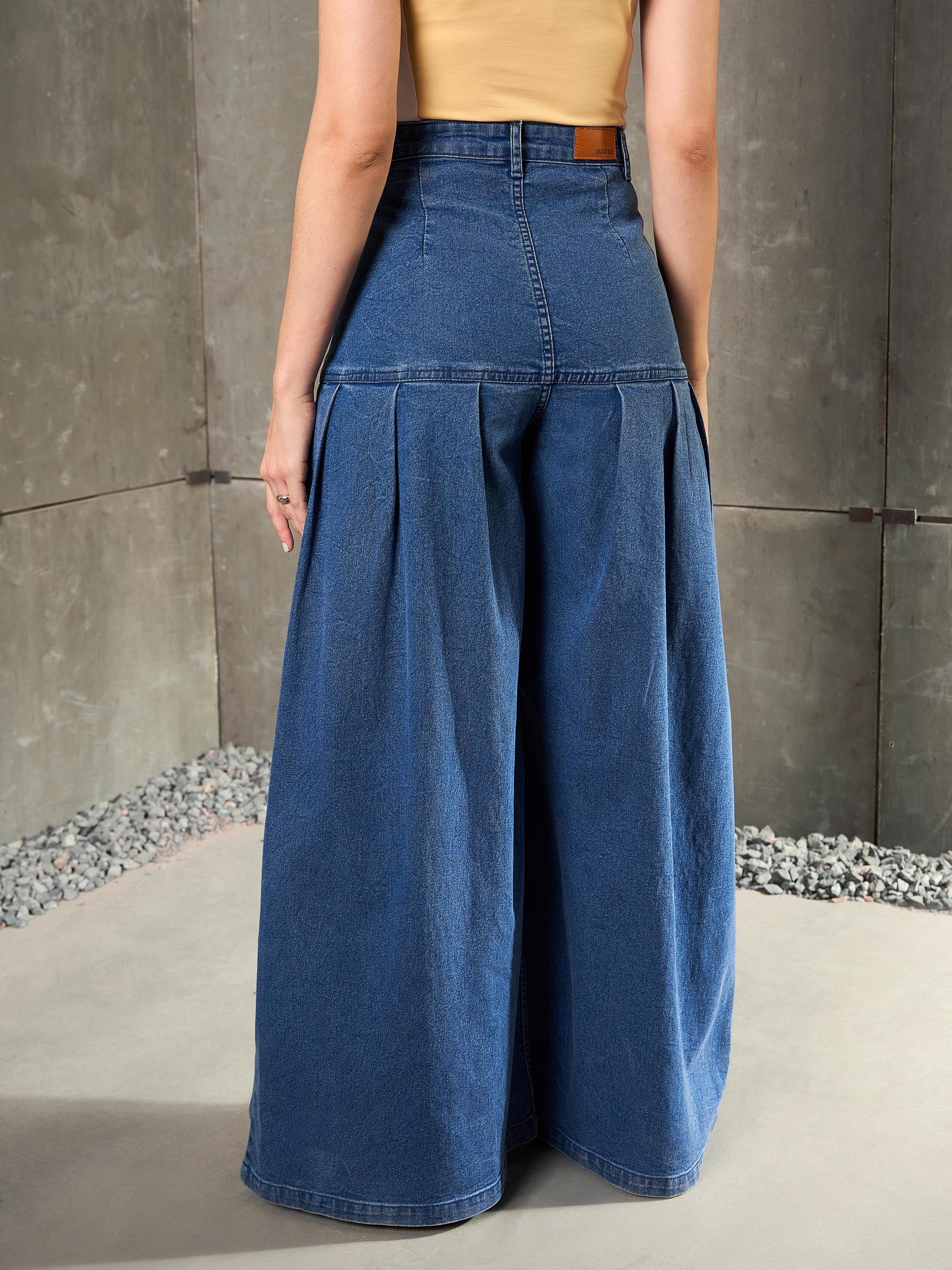 Women Blue Washed Pleated Flared Jeans-SFJEAN0767