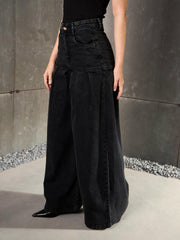 Women Black Washed Pleated Flared Jeans-SFJEAN0768
