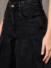 Women Black Washed Pleated Flared Jeans-SFJEAN0768