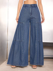 Women Blue Washed Gathered Front Flared Jeans-SFJEAN0769