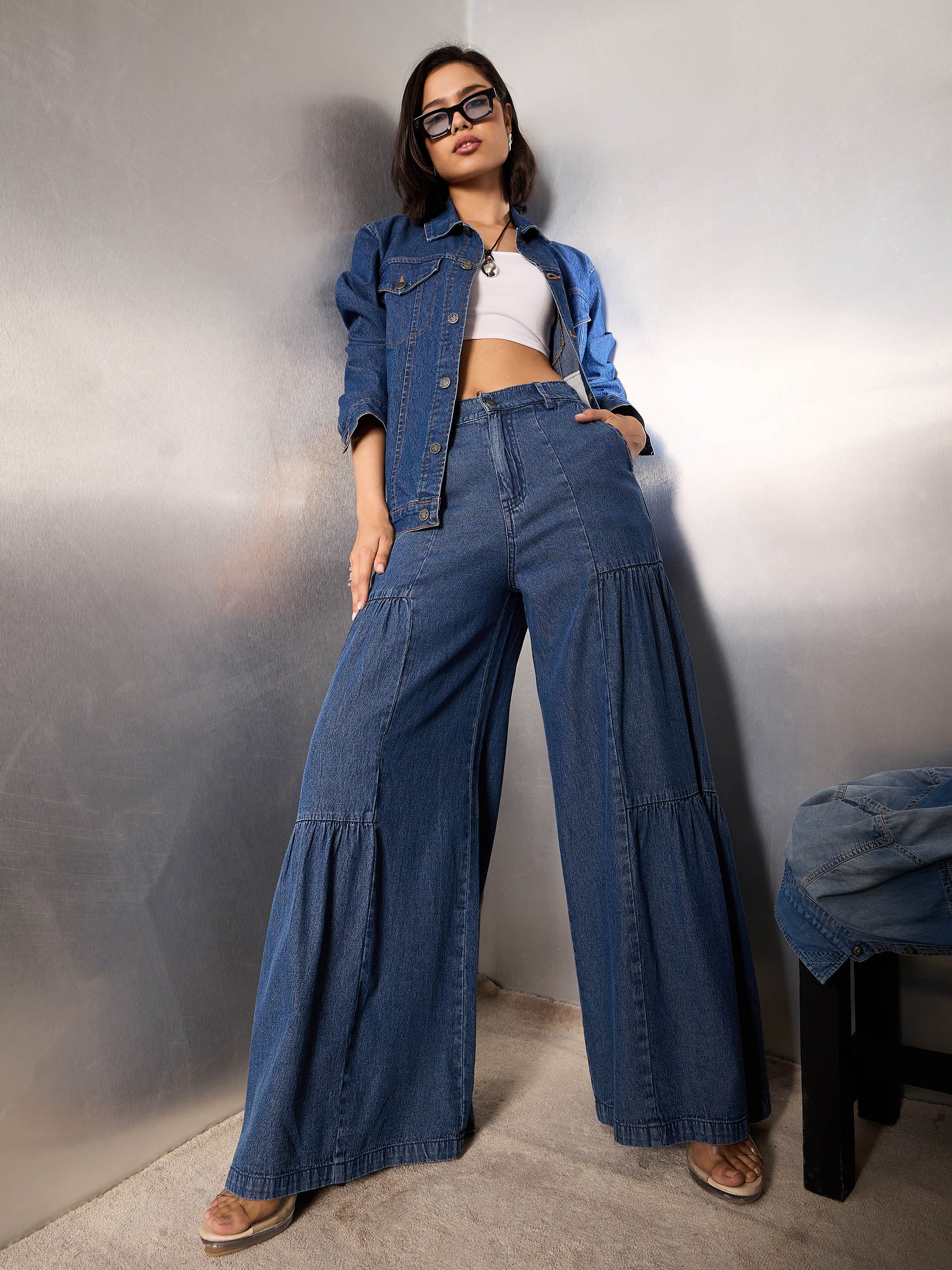 Women Blue Washed Gathered Front Flared Jeans-SFJEAN0769