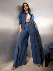 Women Blue Washed Gathered Front Flared Jeans-SFJEAN0769