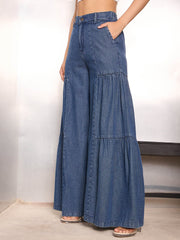 Women Blue Washed Gathered Front Flared Jeans-SFJEAN0769