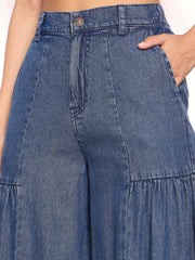 Women Blue Washed Gathered Front Flared Jeans-SFJEAN0769