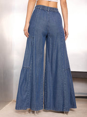 Women Blue Washed Gathered Front Flared Jeans-SFJEAN0769