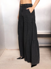 Women Black Washed Gathered Front Flared Jeans-SFJEAN0770