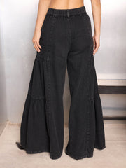 Women Black Washed Gathered Front Flared Jeans-SFJEAN0770