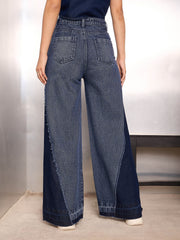 Women Blue Washed ColorBlock Wide Leg Jeans-SFJEAN0771