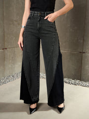 Women Black Washed ColorBlock Wide Leg Jeans-SFJEAN0772