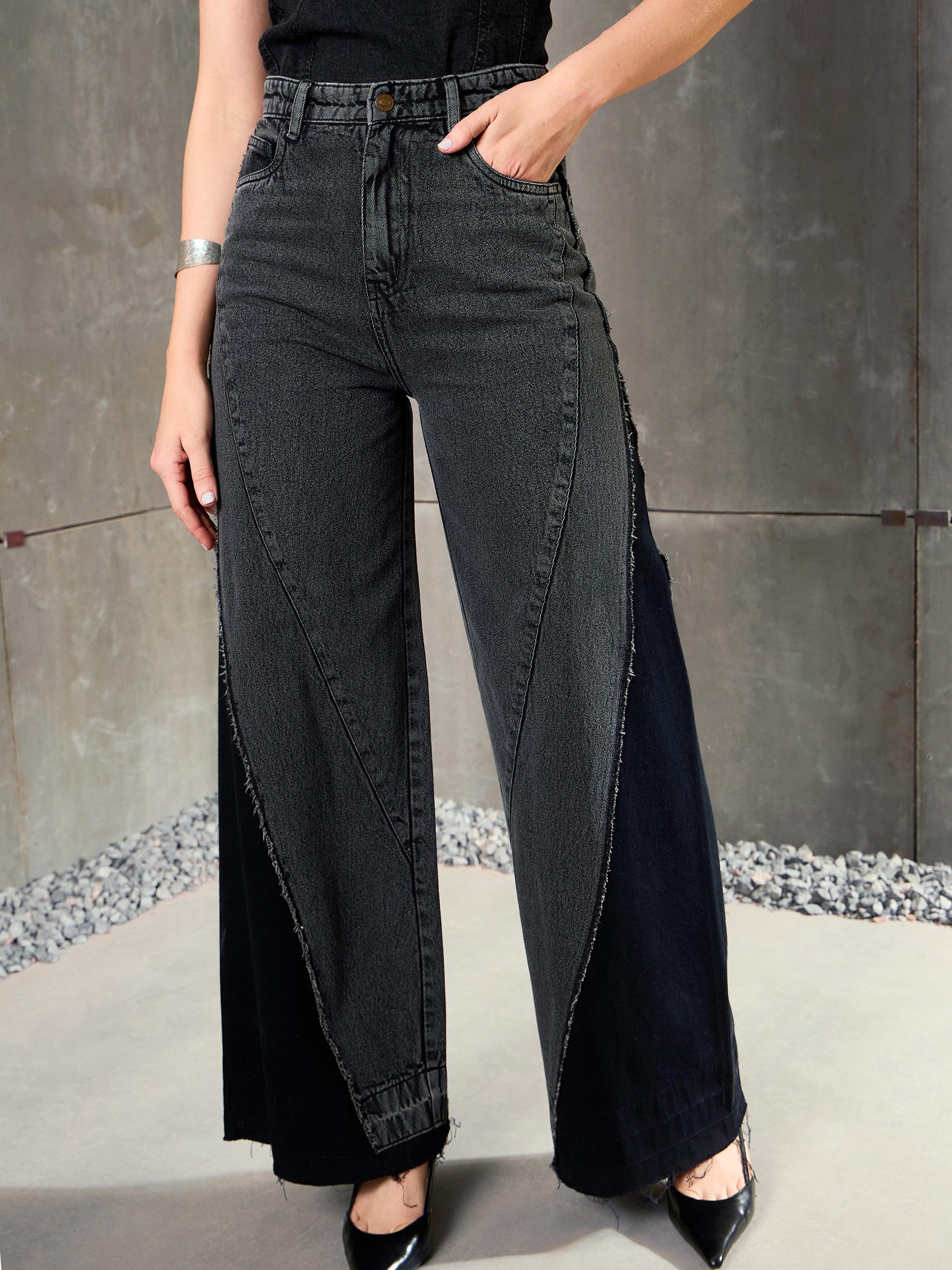 Women Black Washed ColorBlock Wide Leg Jeans-SFJEAN0772