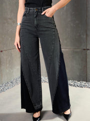 Women Black Washed ColorBlock Wide Leg Jeans-SFJEAN0772