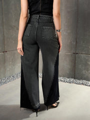 Women Black Washed ColorBlock Wide Leg Jeans-SFJEAN0772