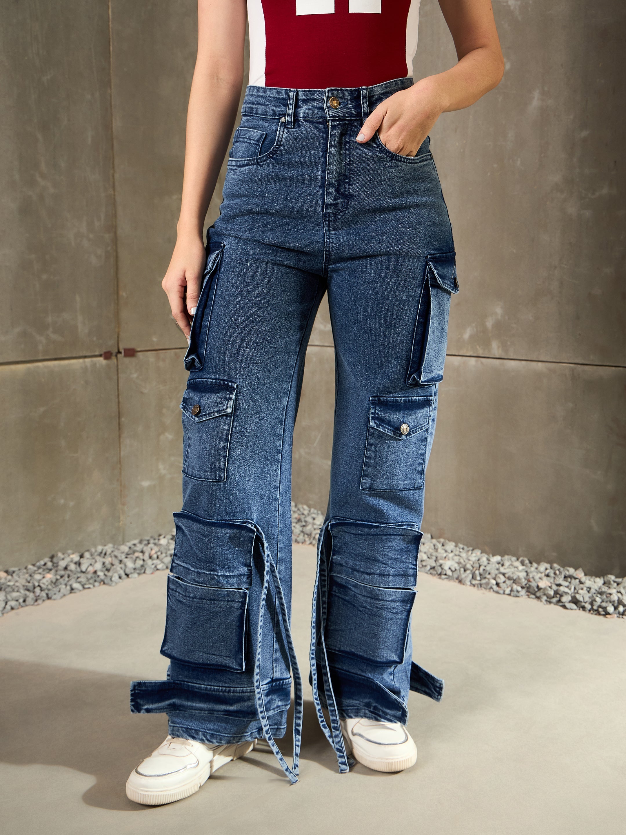 Women Blue Washed Multi Pocket Cargo Jeans-SFJEAN0777