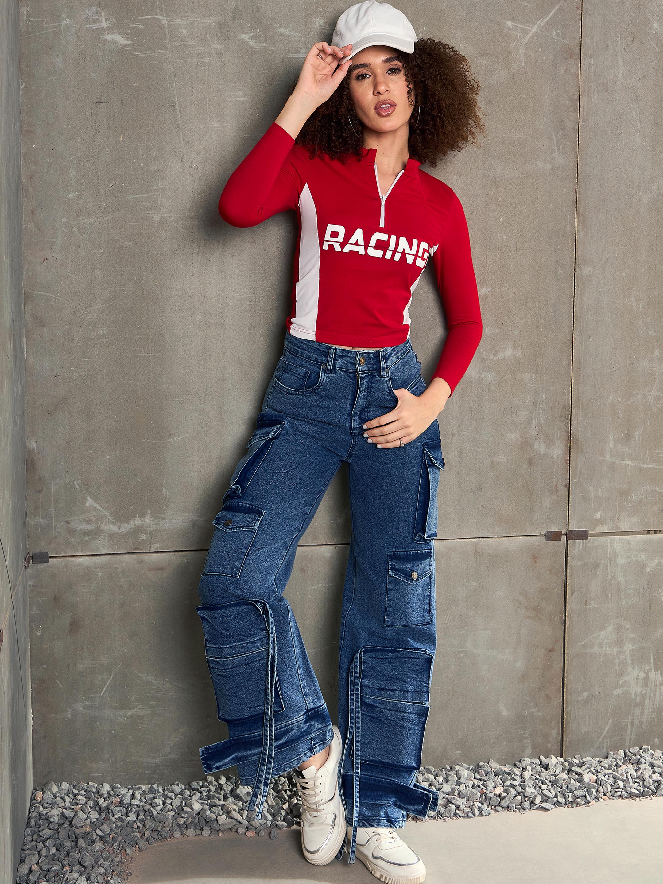 Women Blue Washed Multi Pocket Cargo Jeans-SFJEAN0777