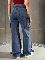 Women Blue Washed Multi Pocket Cargo Jeans-SFJEAN0777