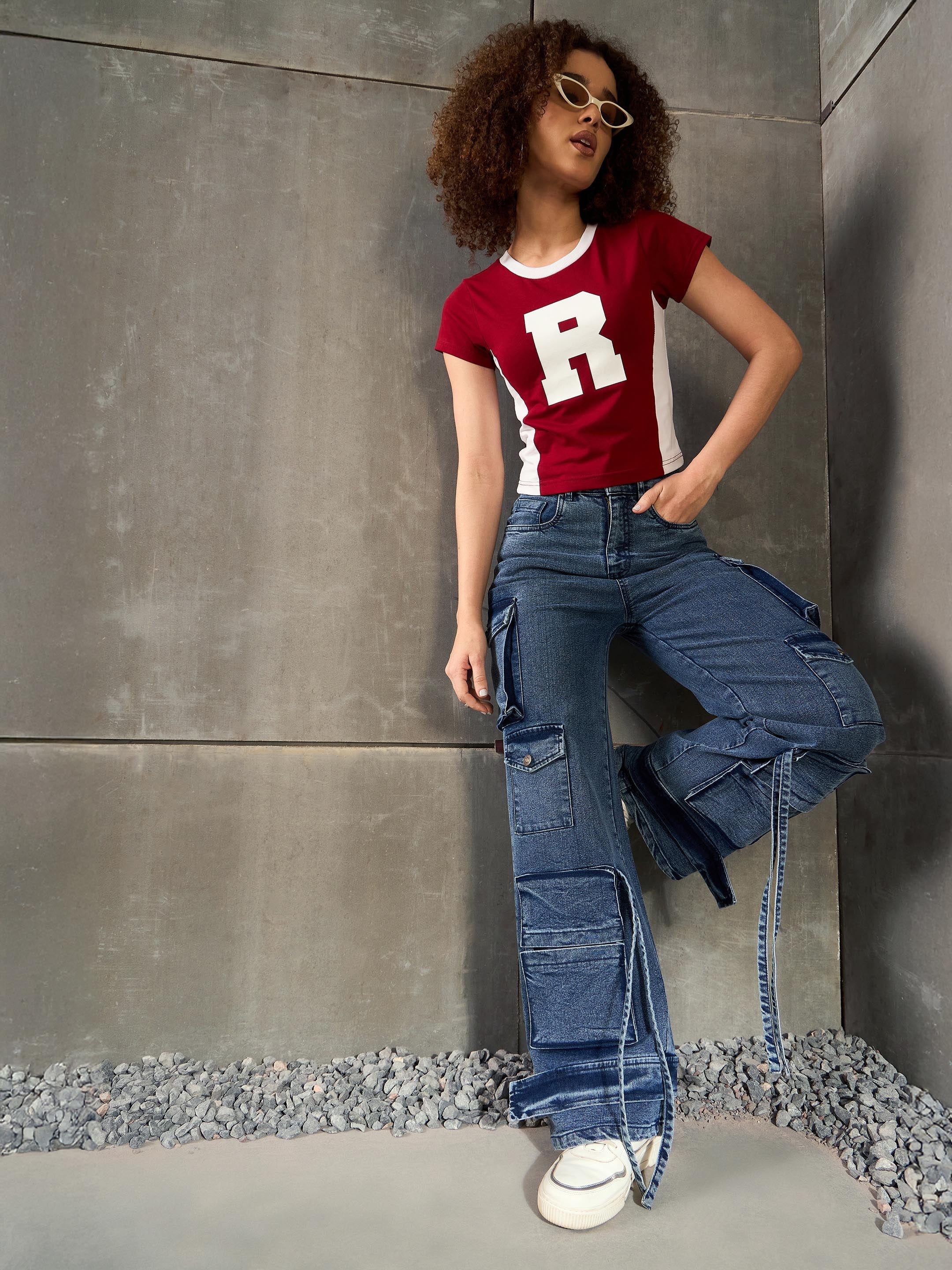 Women Blue Washed Multi Pocket Cargo Jeans-SFJEAN0777