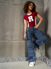 Women Blue Washed Multi Pocket Cargo Jeans-SFJEAN0777