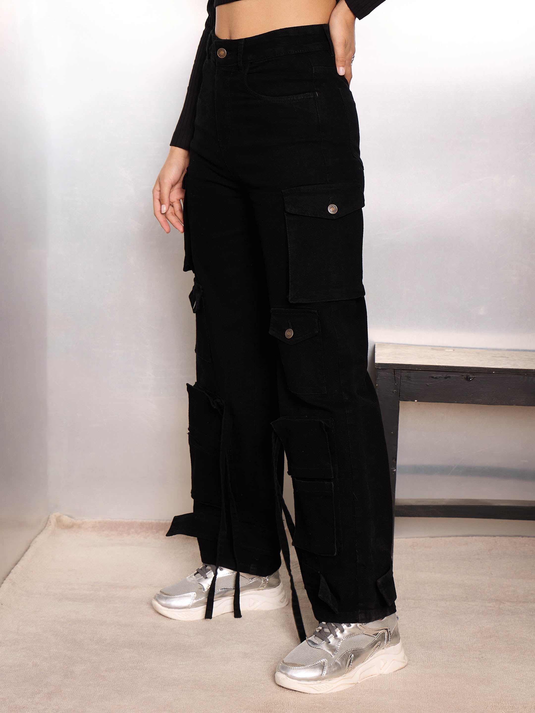 Women Jet Black Multi Pocket Cargo Jeans-SFJEAN0778