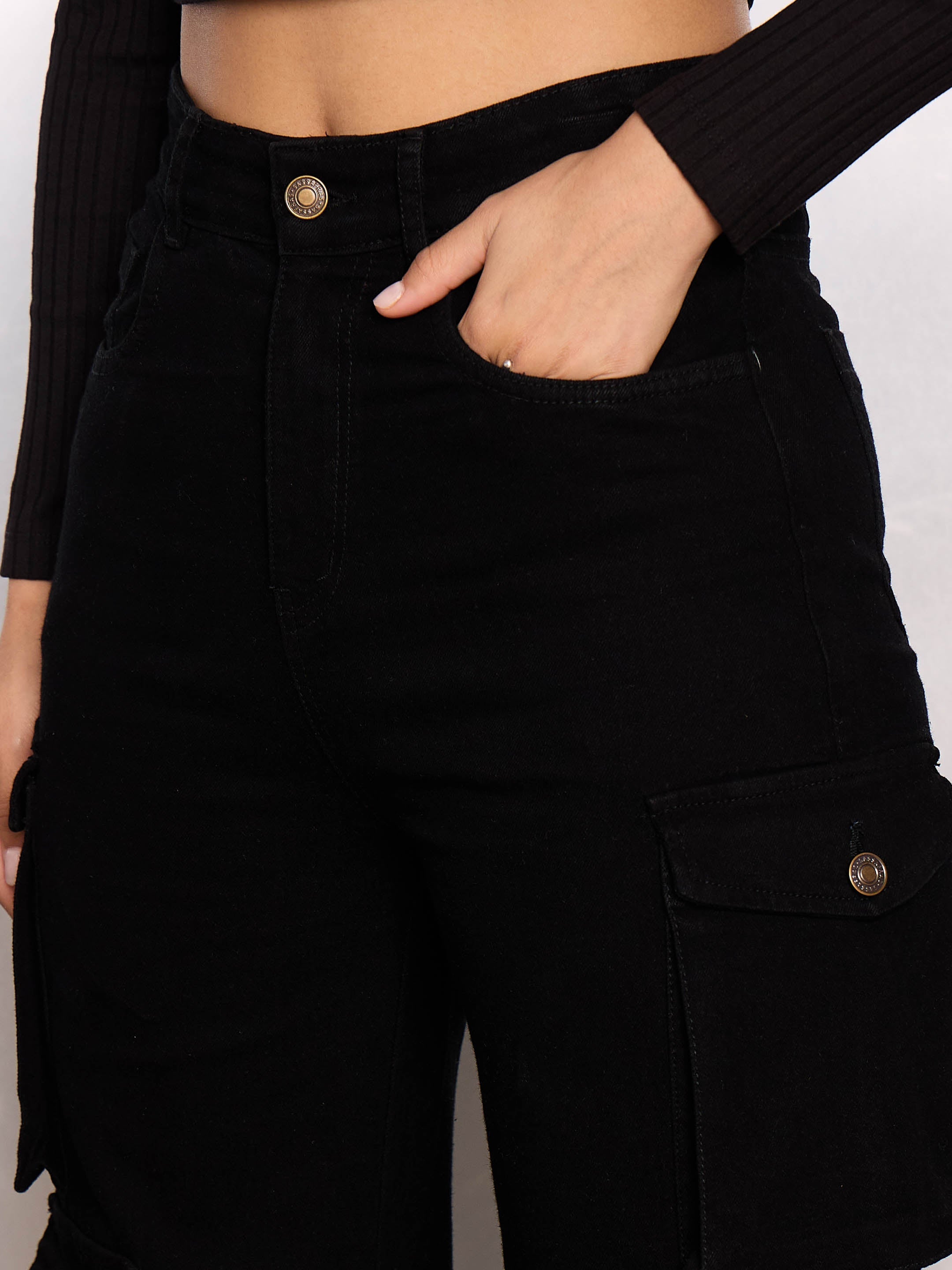 Women Jet Black Multi Pocket Cargo Jeans-SFJEAN0778