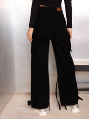 Women Jet Black Multi Pocket Cargo Jeans-SFJEAN0778