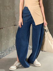 Women Blue Washed Curve Detail Barrel Jeans-SFJEAN0779