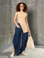 Women Blue Washed Curve Detail Barrel Jeans-SFJEAN0779