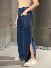 Women Blue Washed Curve Detail Barrel Jeans-SFJEAN0779