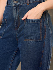 Women Blue Washed Curve Detail Barrel Jeans-SFJEAN0779