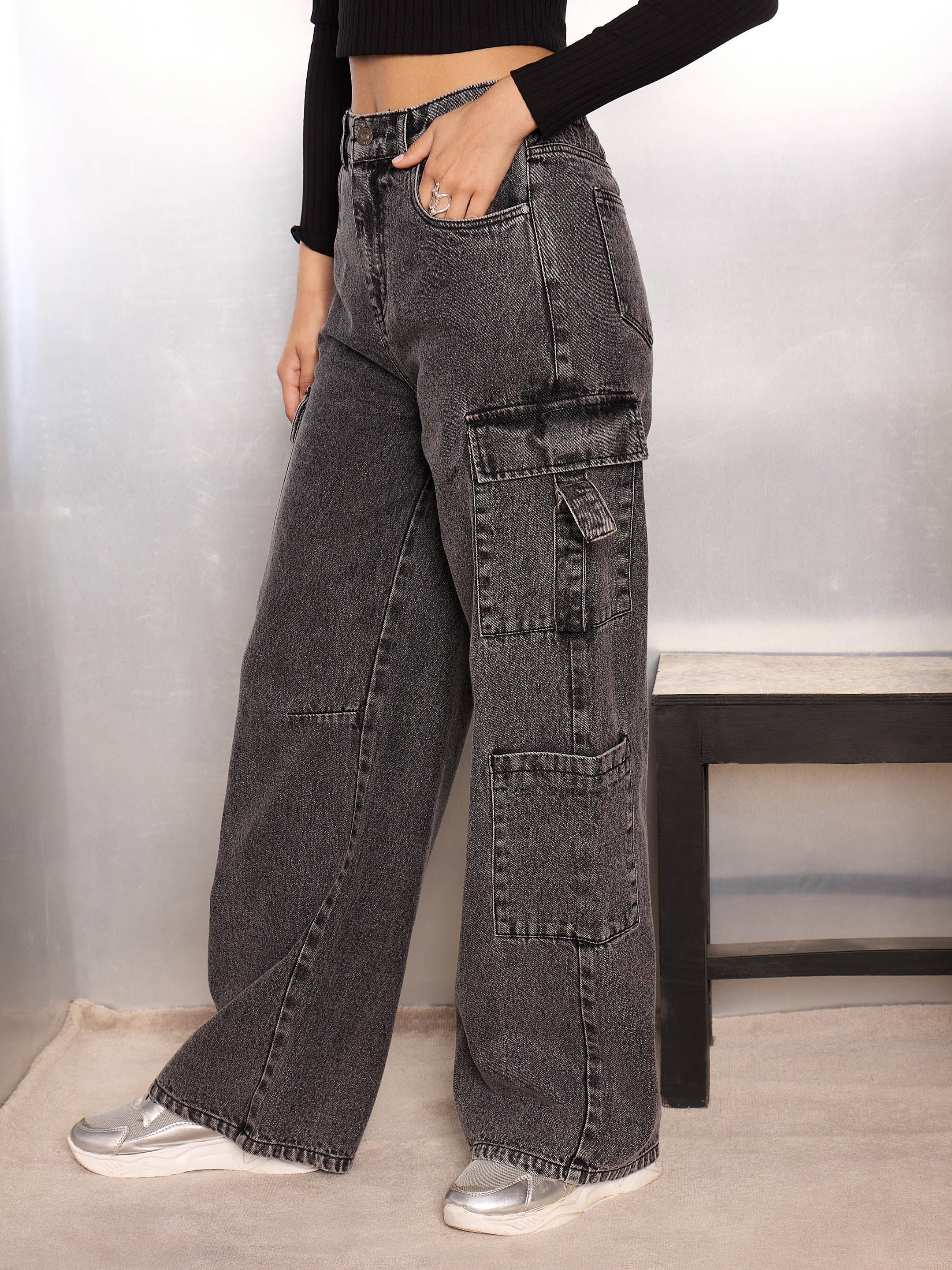 Women Grey Washed Cargo Jeans-SFJEAN0780