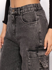 Women Grey Washed Cargo Jeans-SFJEAN0780