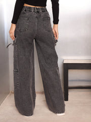 Women Grey Washed Cargo Jeans-SFJEAN0780