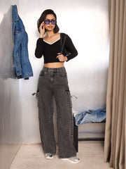 Women Grey Washed Cargo Jeans-SFJEAN0780