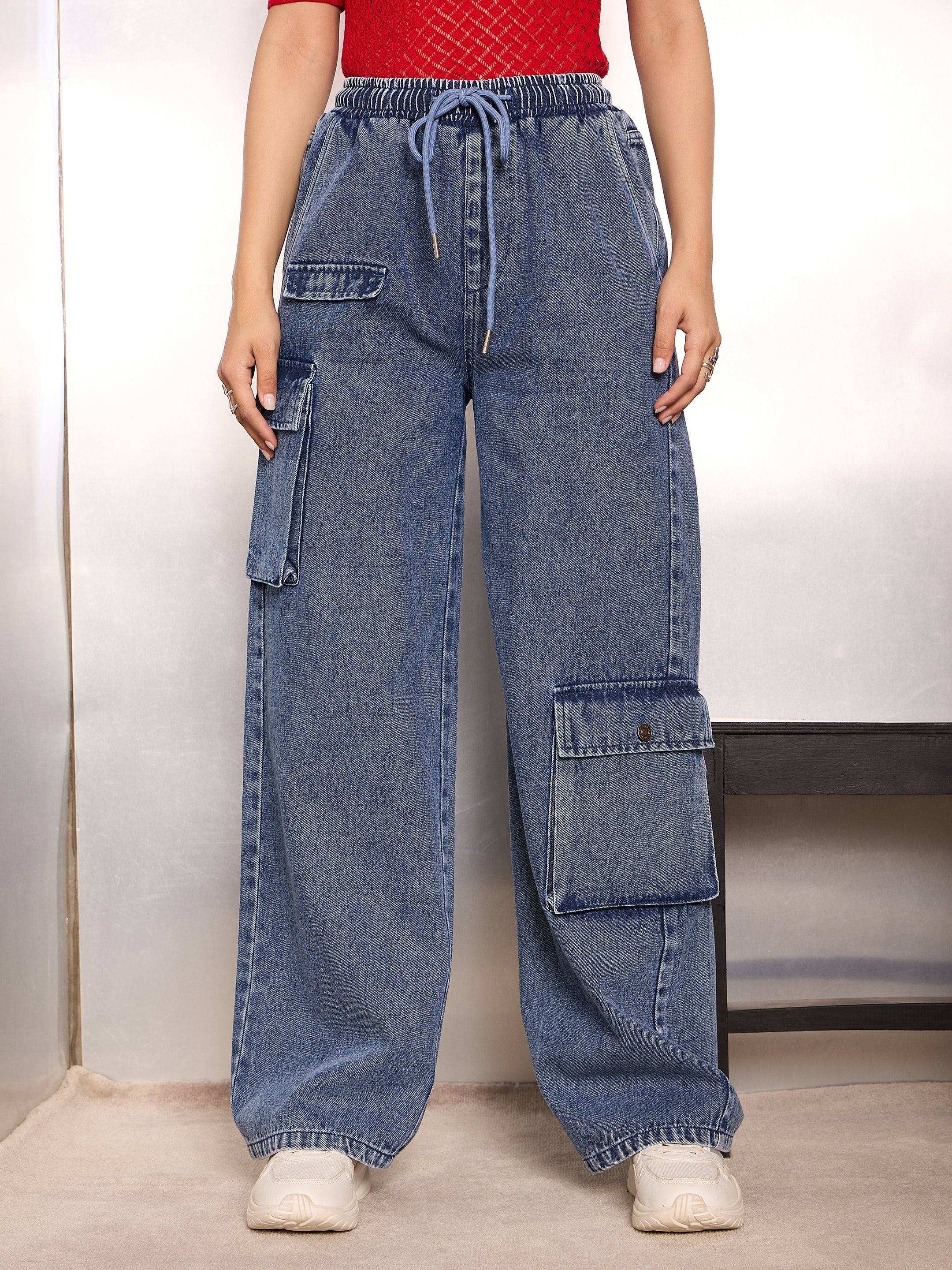 Women Blue Washed High Rise Drawstring Jeans-SFJEAN0782